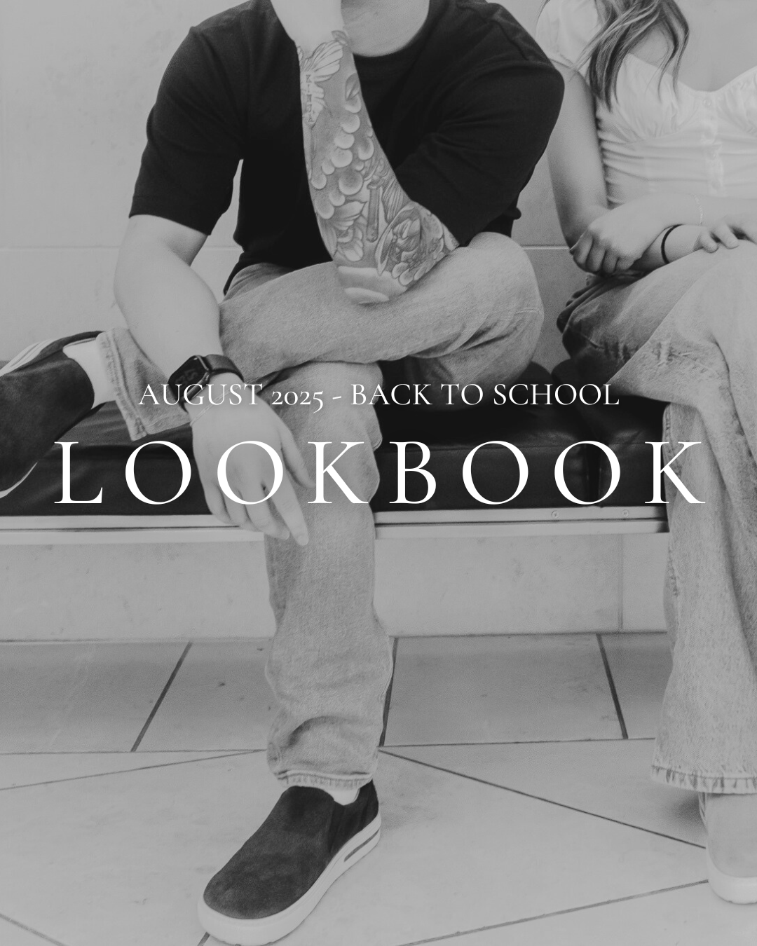 Black and white image. Title says August 2025 Back to school lookbook. Male with tattoos wearing birkenstock oswego sneaker