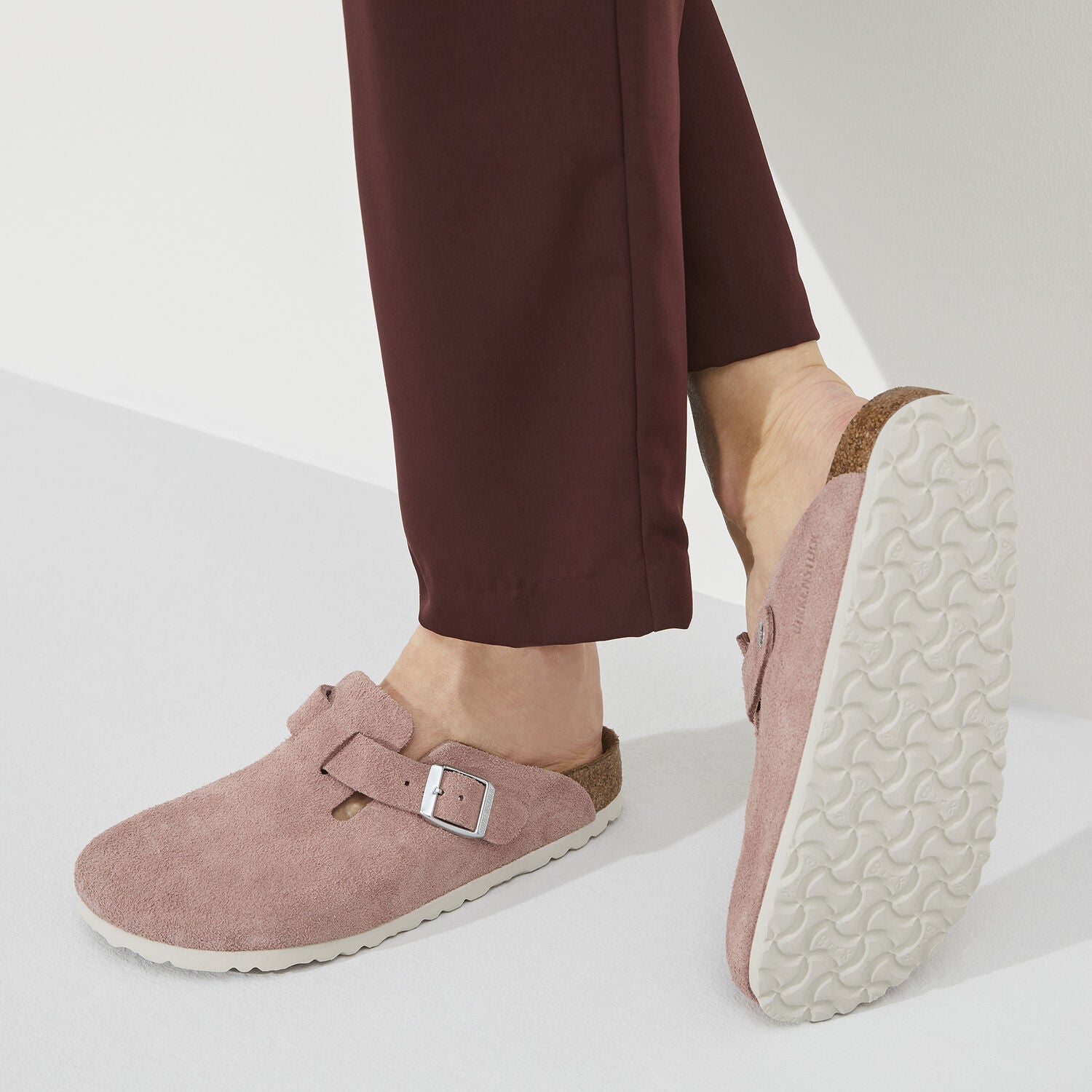 Model wearing Birkenstock Boston Suede (Pink Clay)