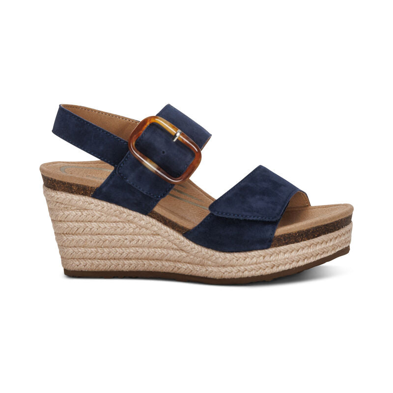 Aetrex wedge sandal with two straps and back strap in Navy