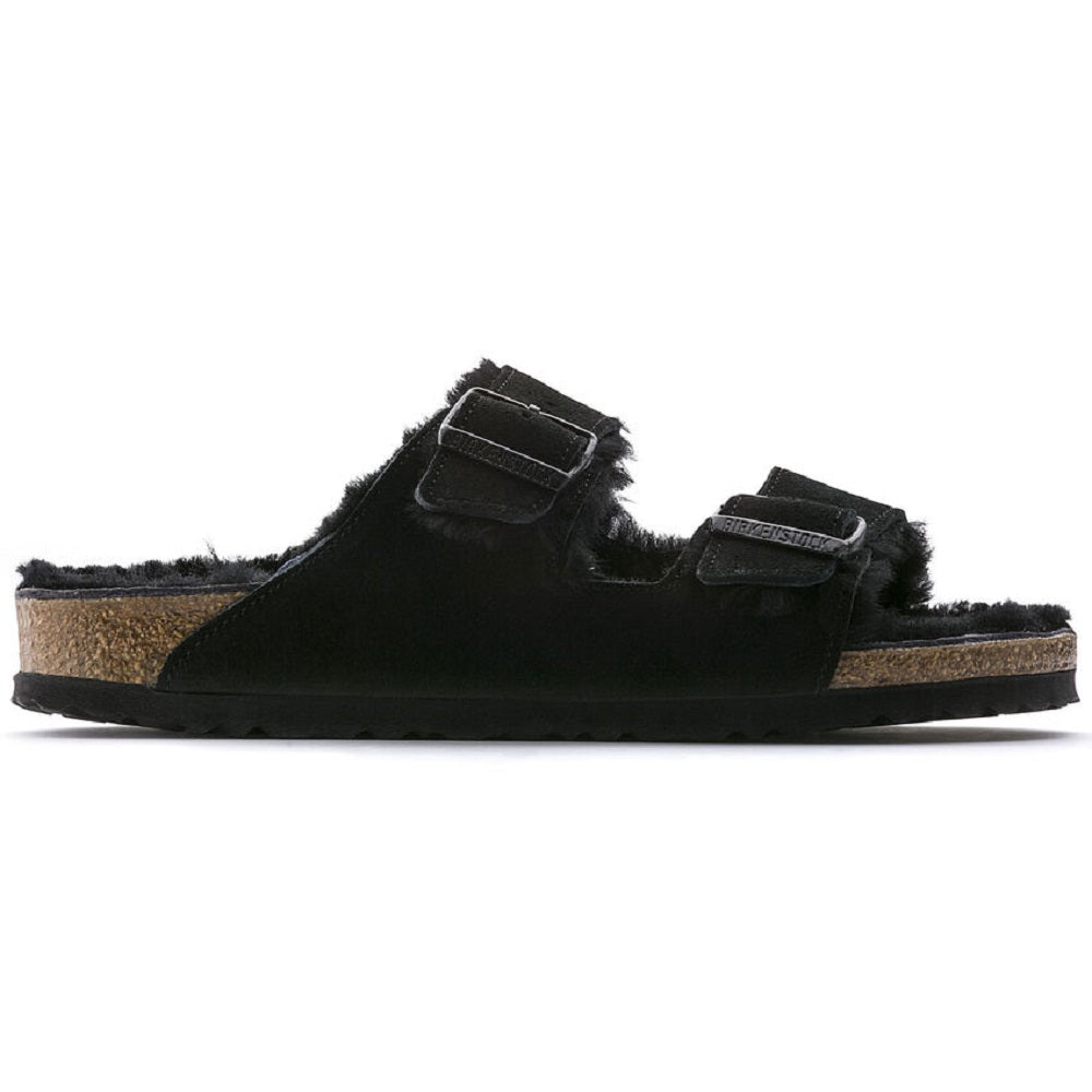 Birkenstock Arizona two strap sandal with shearling lining in black.