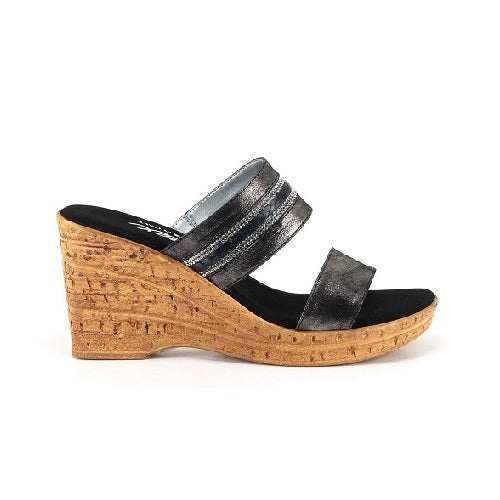 Two strap high heel slide in black with cork wedge.