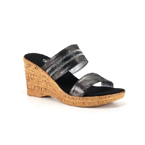 Two strap high heel slide in black with cork wedge.