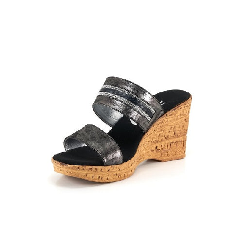 Two strap high heel slide in black with cork wedge.