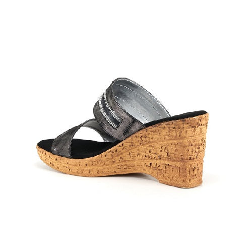 Two strap high heel slide in black with cork wedge.