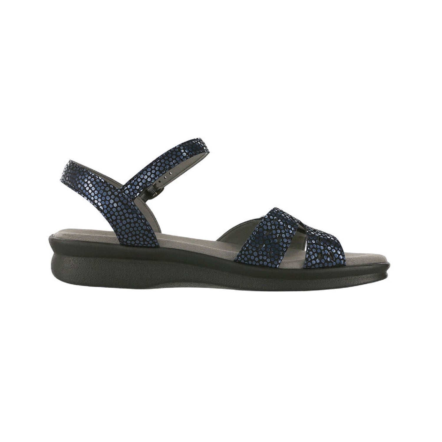 Navy patterned sandal with adjustable straps.