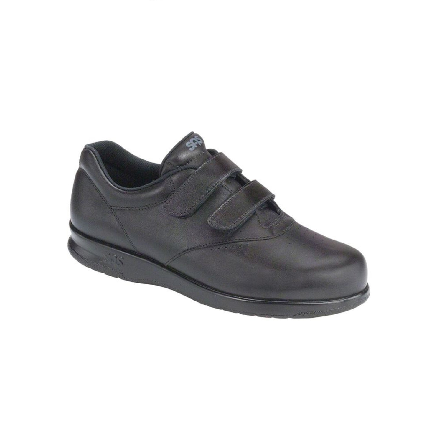 Black leather shoe with two velcro straps.