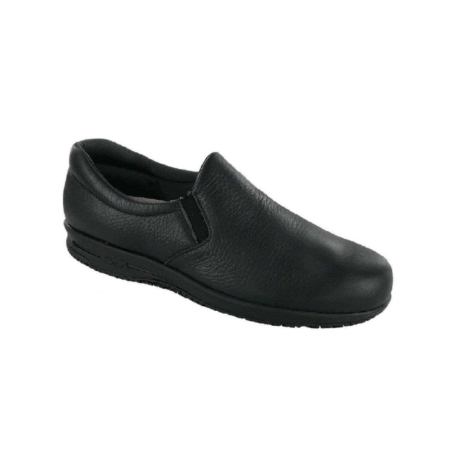 Women's leather slip on slip resistant shoe.