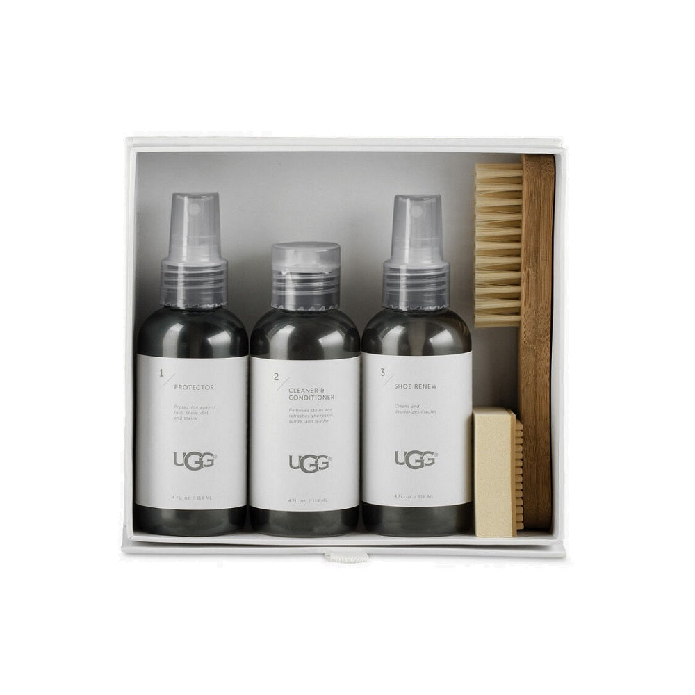 UGG Sheepskin care kit: protector, cleaner, shoe renew, brush, and eraser.