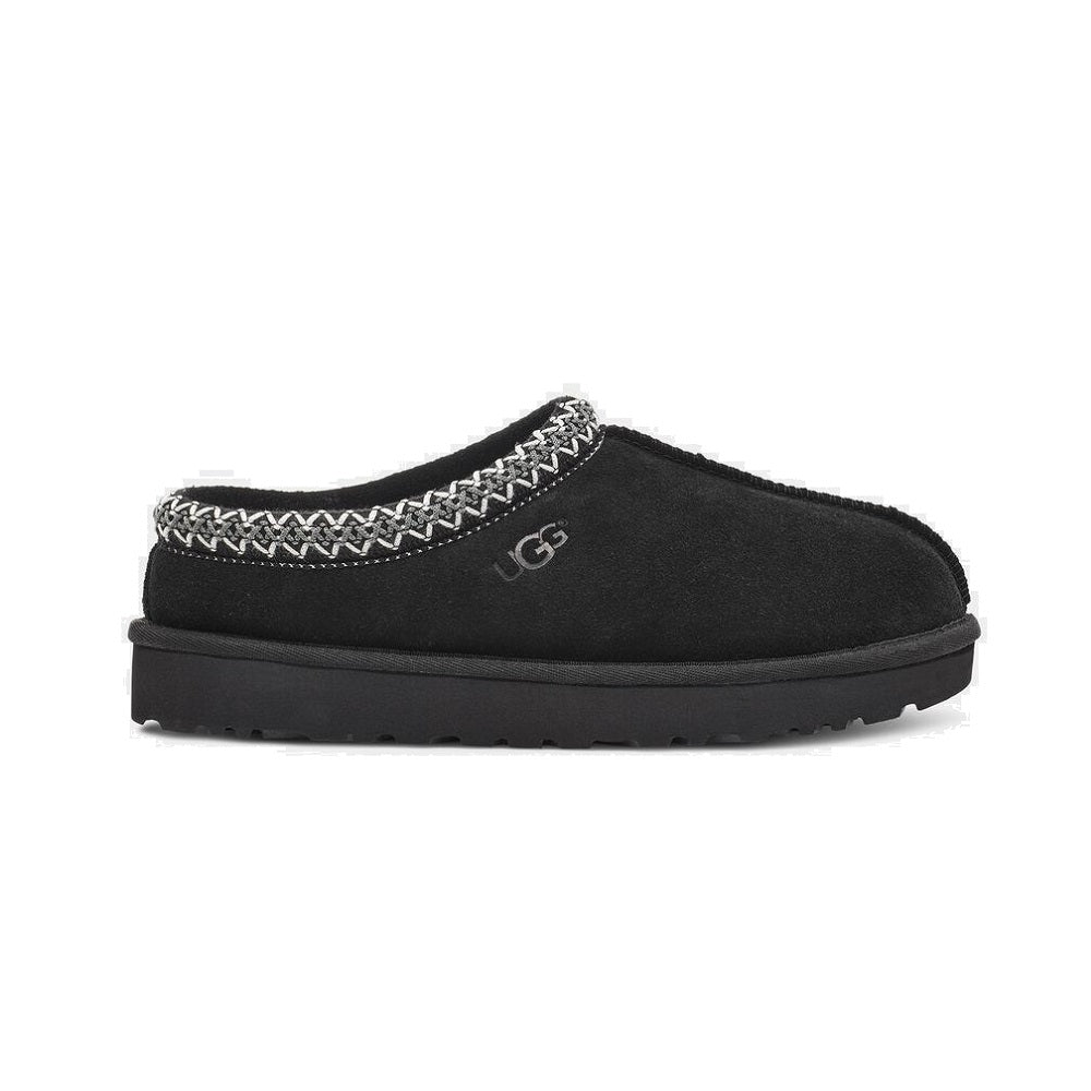 UGG Men's Tasman slipper in black with white braided trim.