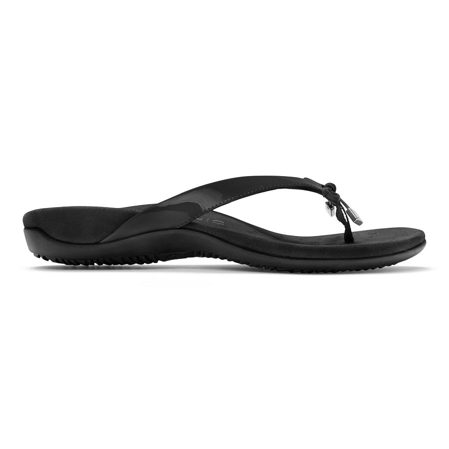 Black flip flop with microfiber lining and bow detail.